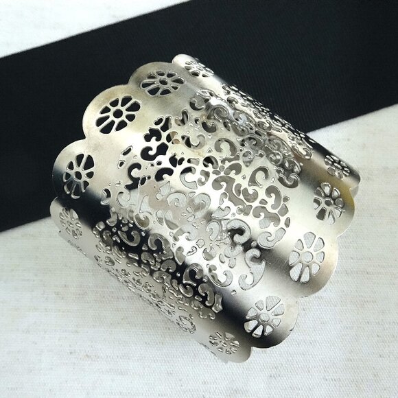 Large Silver Filigree Design Cuff Bracelet, Sterling Silver, Laser Cut - Picture 1 of 3